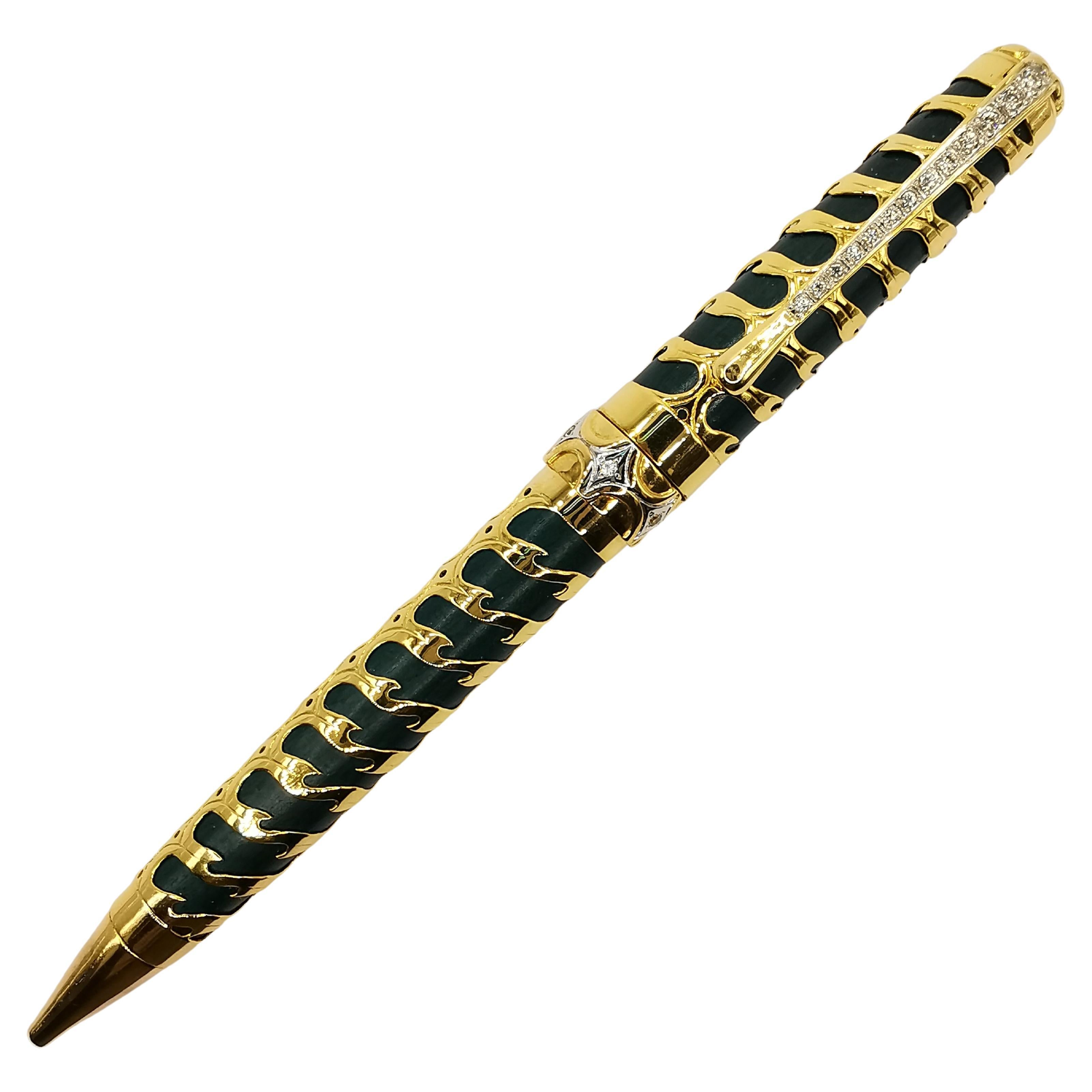 Vintage Deep Green .4 Carat Diamond 18k Yellow Gold Ball Pen Sandalwood Box Set For Sale