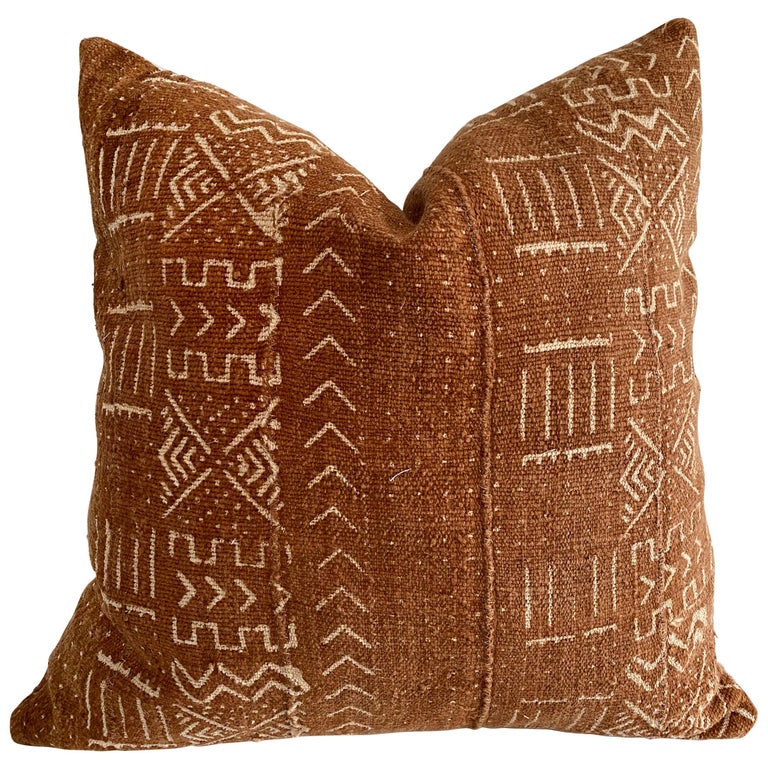 Vintage Deep Rust Colored African Mali Cloth Pillow with Insert For