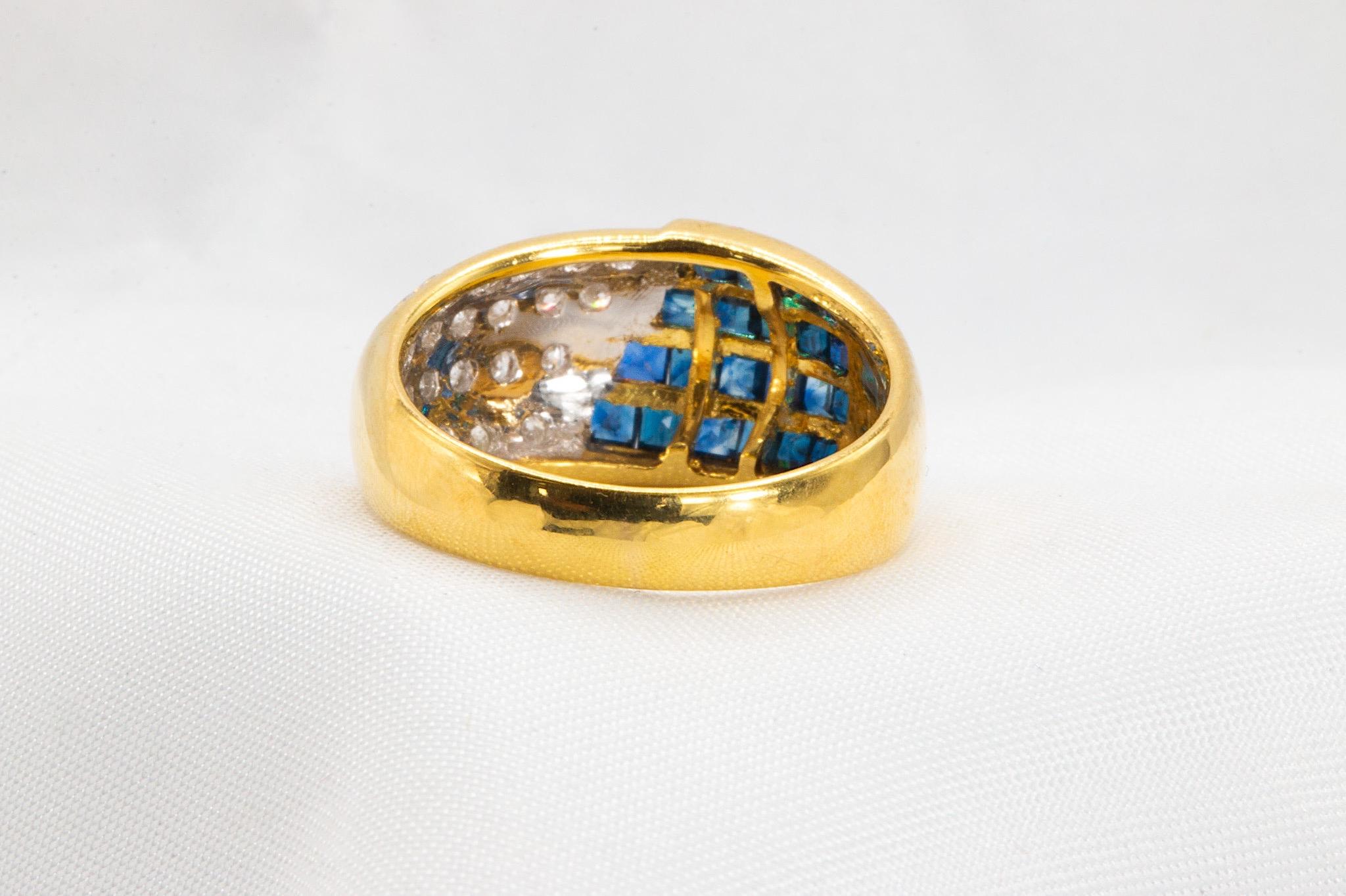 Square Cut Vintage Deep Sapphire and Diamond Band in 18K Yellow Gold For Sale