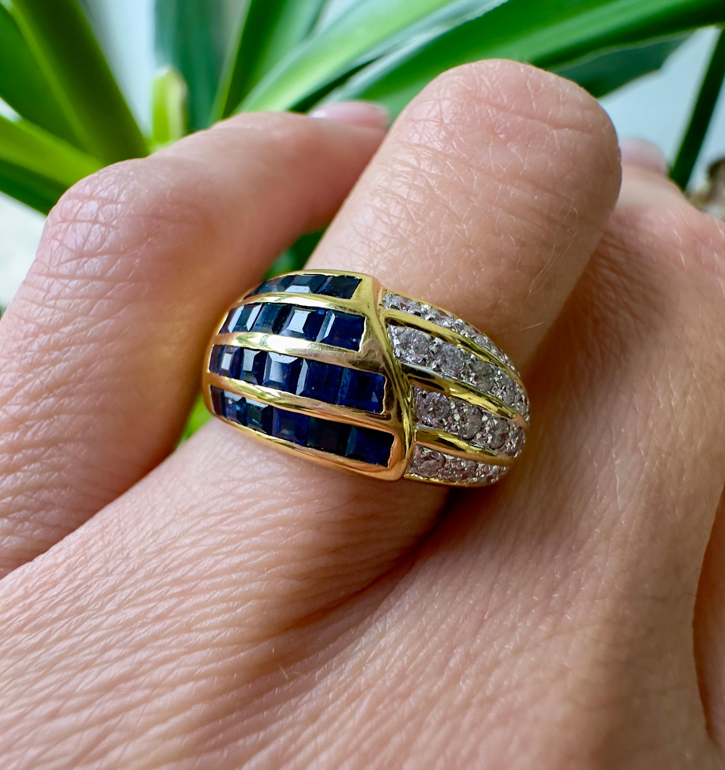 Vintage Deep Sapphire and Diamond Band in 18K Yellow Gold In Good Condition For Sale In Houston, TX