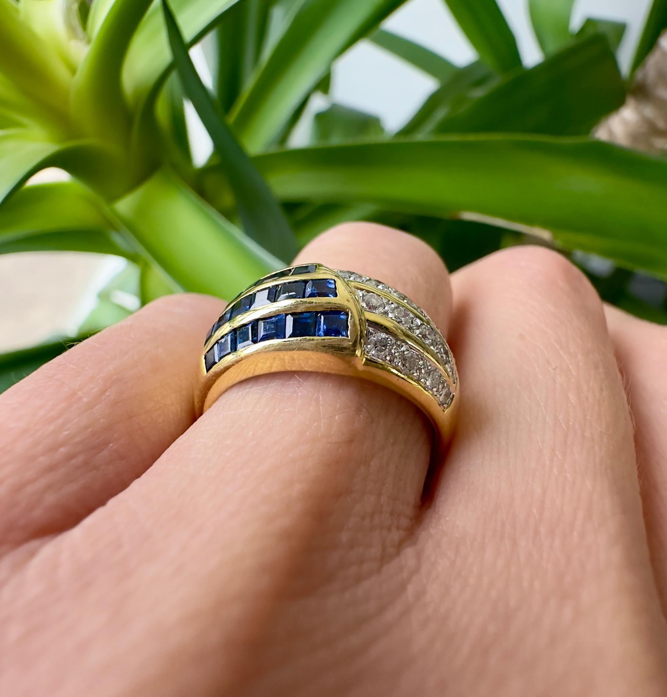 Women's or Men's Vintage Deep Sapphire and Diamond Band in 18K Yellow Gold For Sale