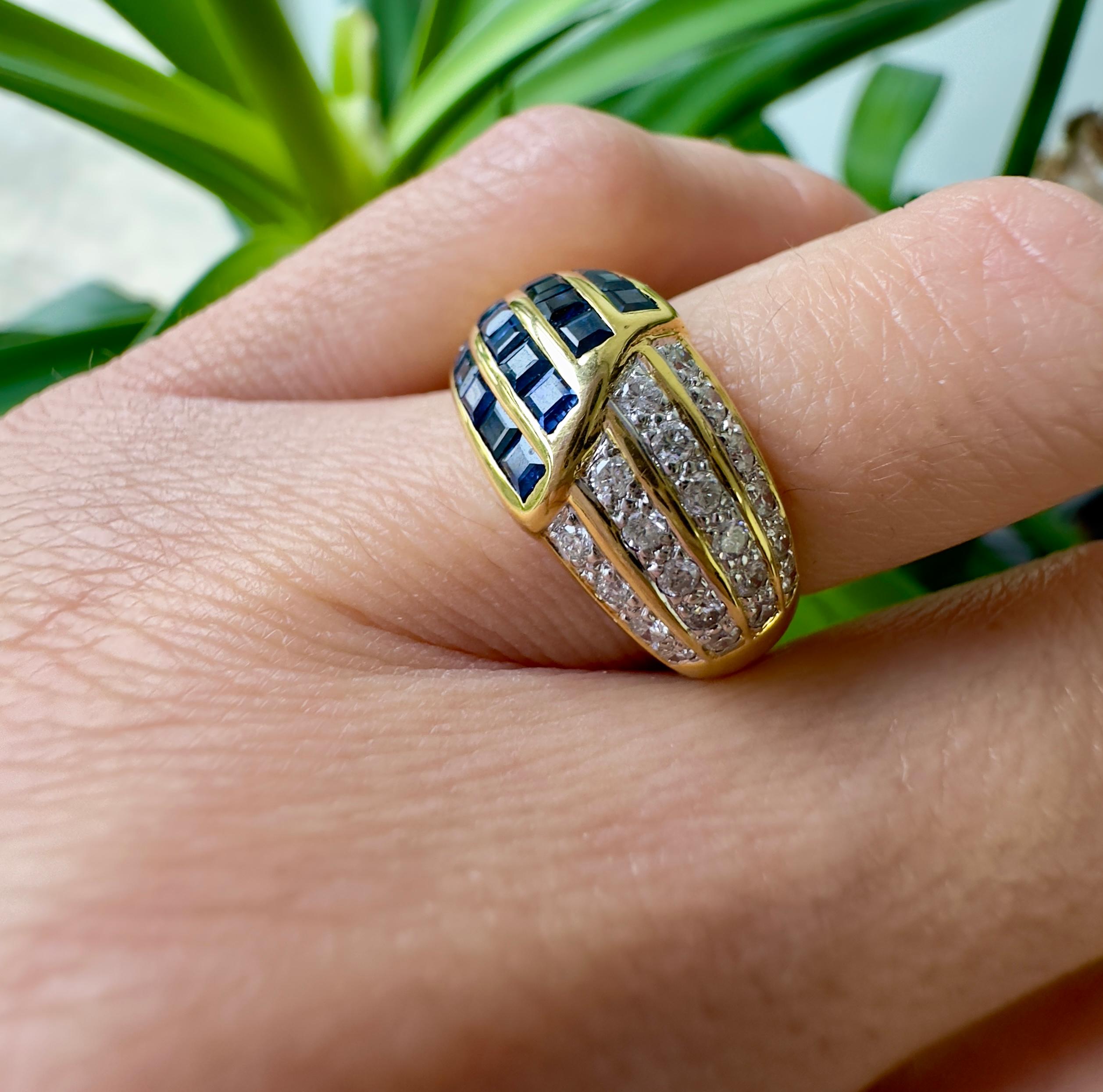 Vintage Deep Sapphire and Diamond Band in 18K Yellow Gold For Sale 1