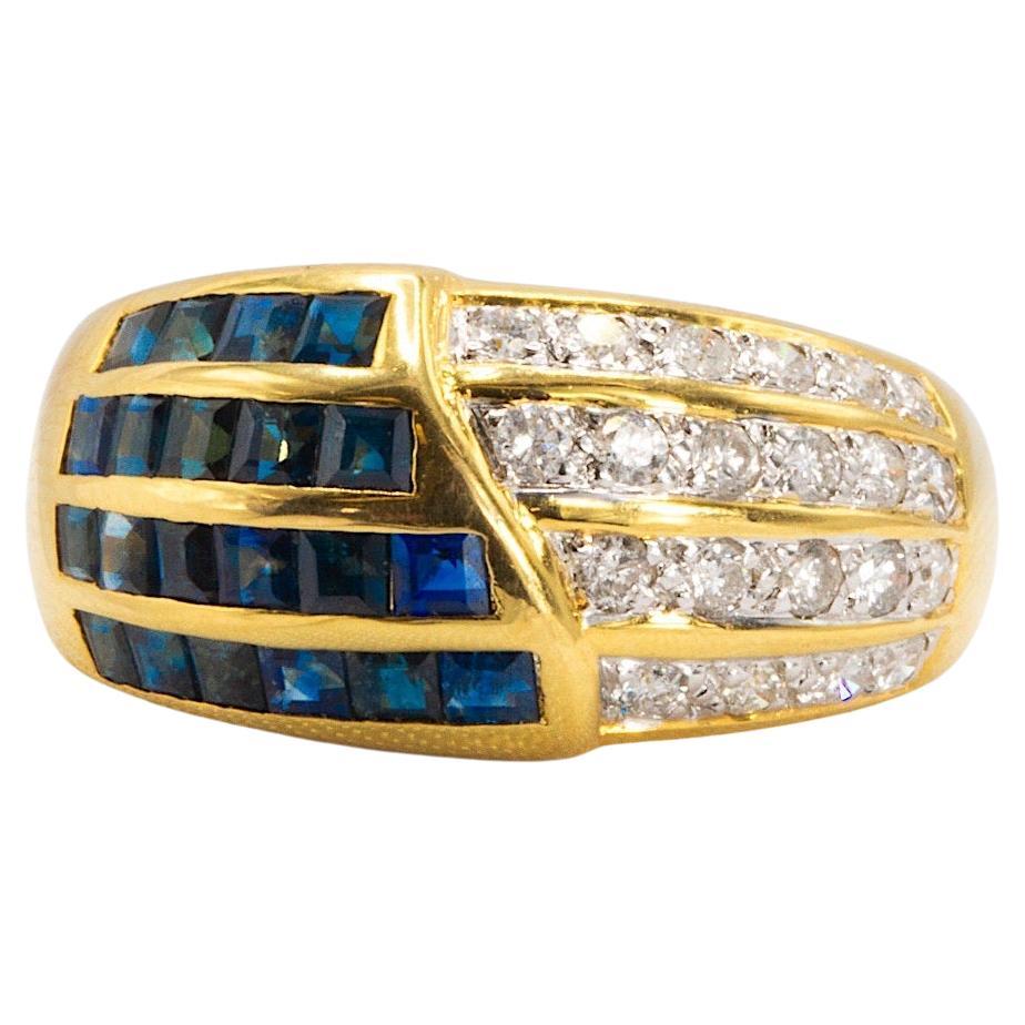 Vintage Deep Sapphire and Diamond Band in 18K Yellow Gold For Sale