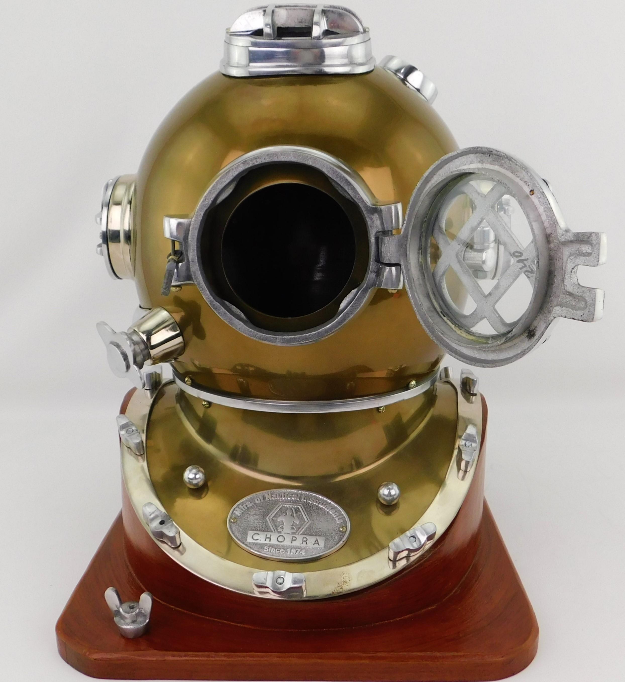 Vintage Deep Sea Divers Diving Helmet Copper Steel Mounted on Wood Base 3
