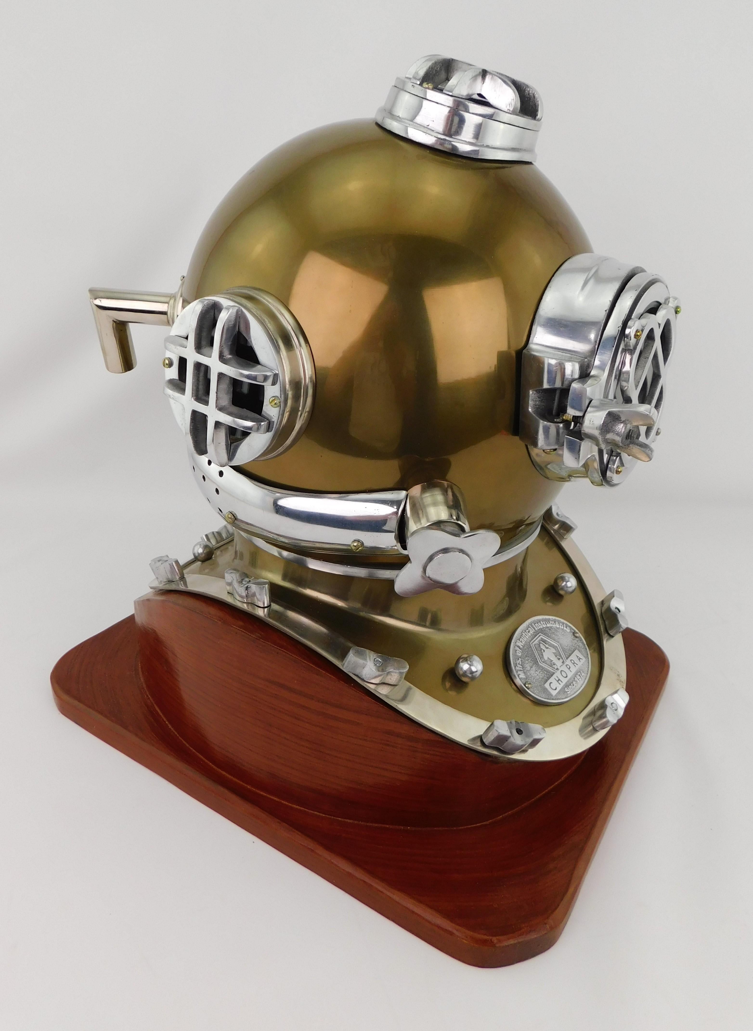 American Vintage Deep Sea Divers Diving Helmet Copper Steel Mounted on Wood Base