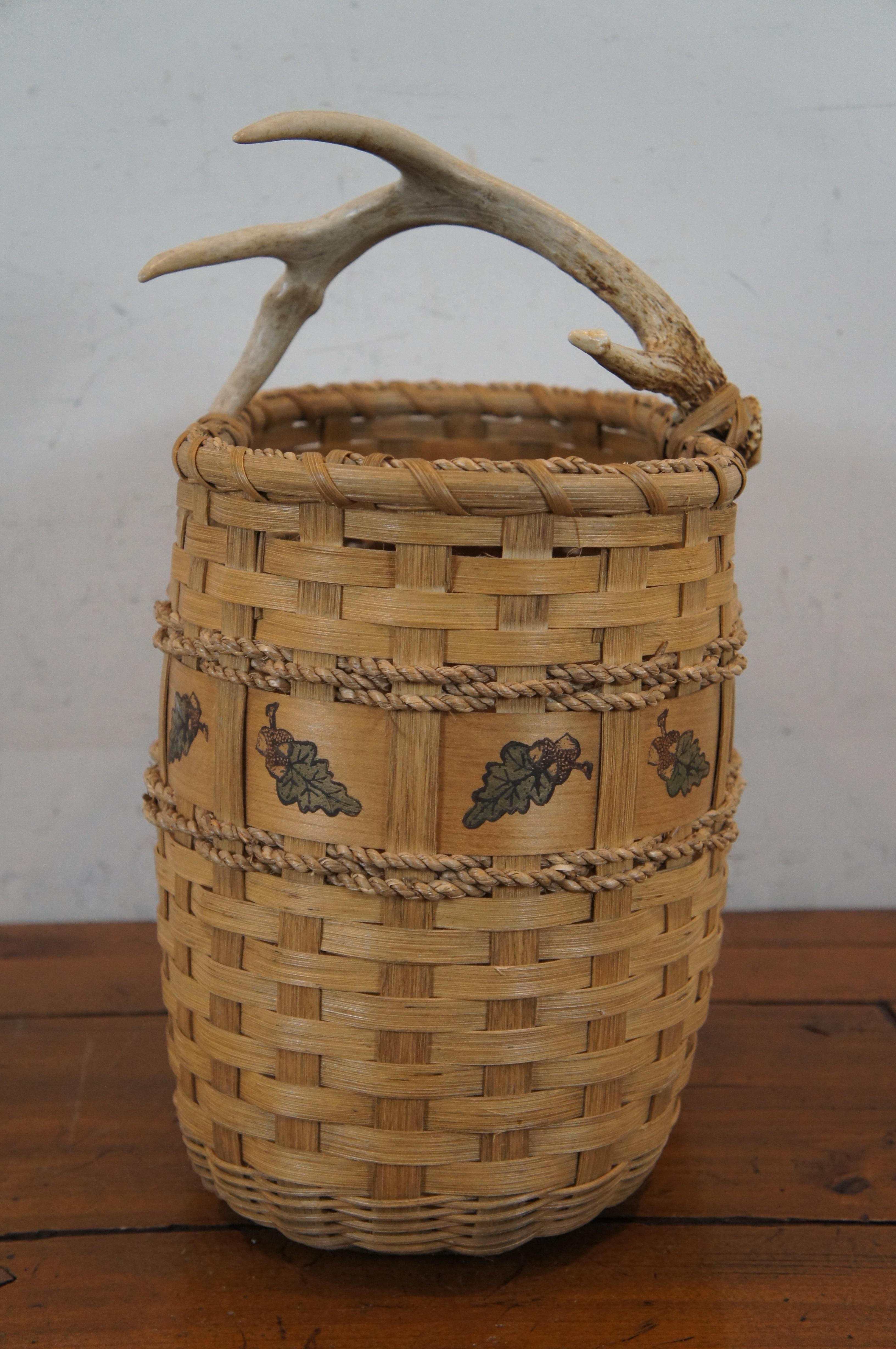 Vintage Deer Antler Horn Woven Wicker Rope Oval Harvest Basket 17