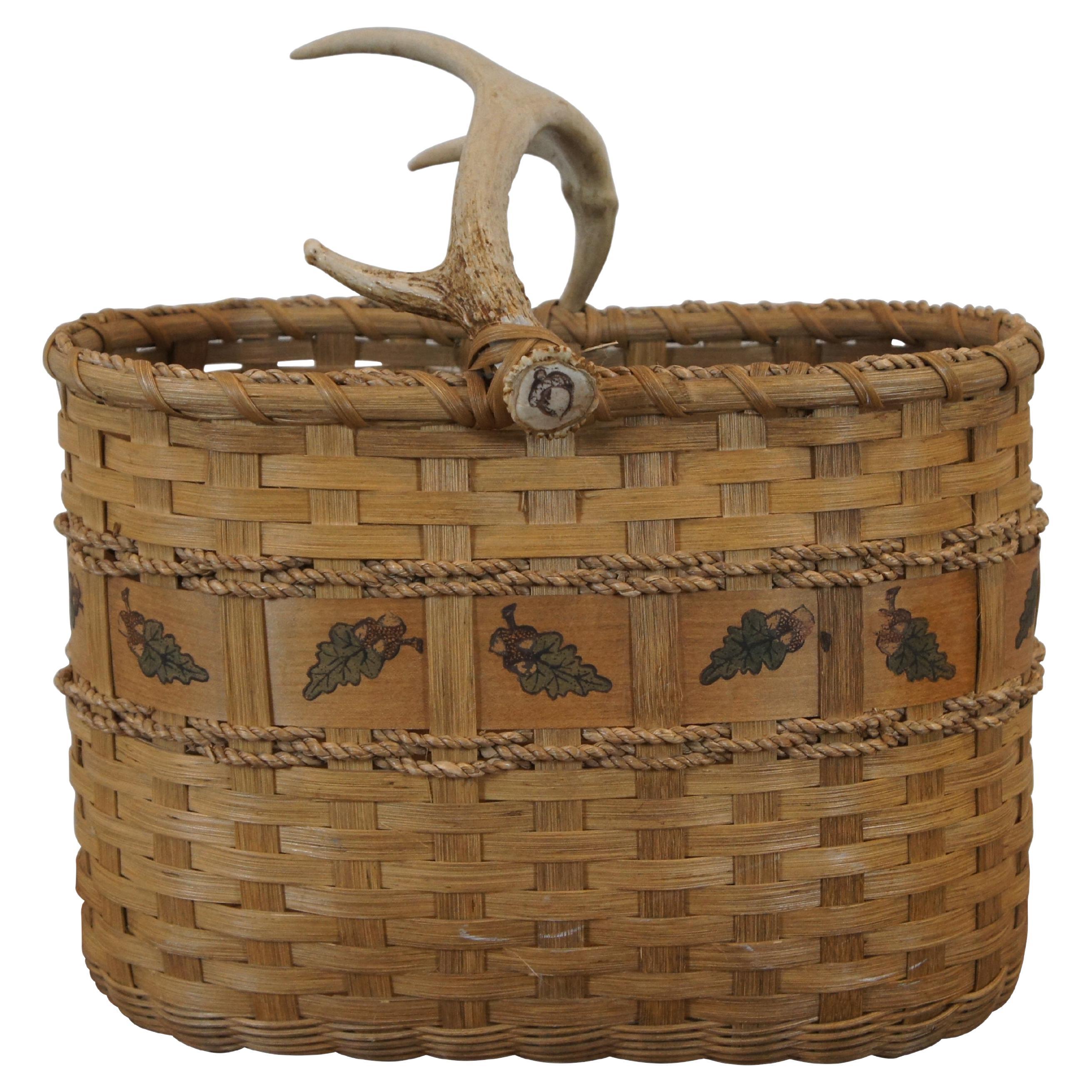 Vintage Deer Antler Horn Woven Wicker Rope Oval Harvest Basket 17" For Sale