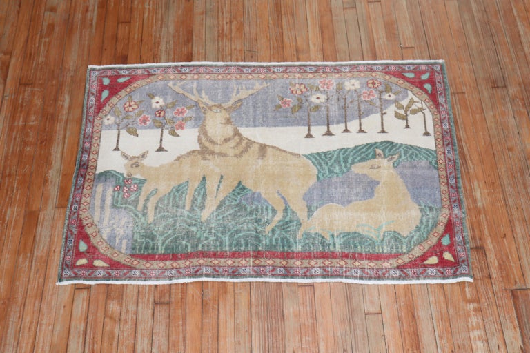 Vintage Deer Pictorial Turkish Rug For Sale at 1stDibs