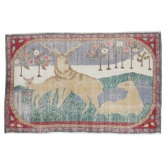 Vintage Deer Pictorial Turkish Rug