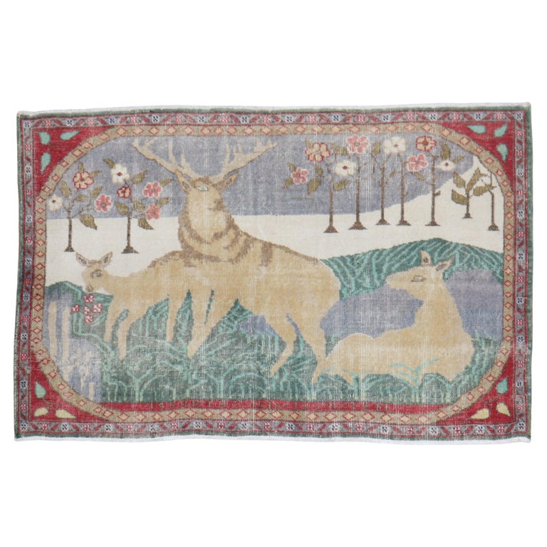 Vintage Deer Pictorial Turkish Rug For Sale at 1stDibs