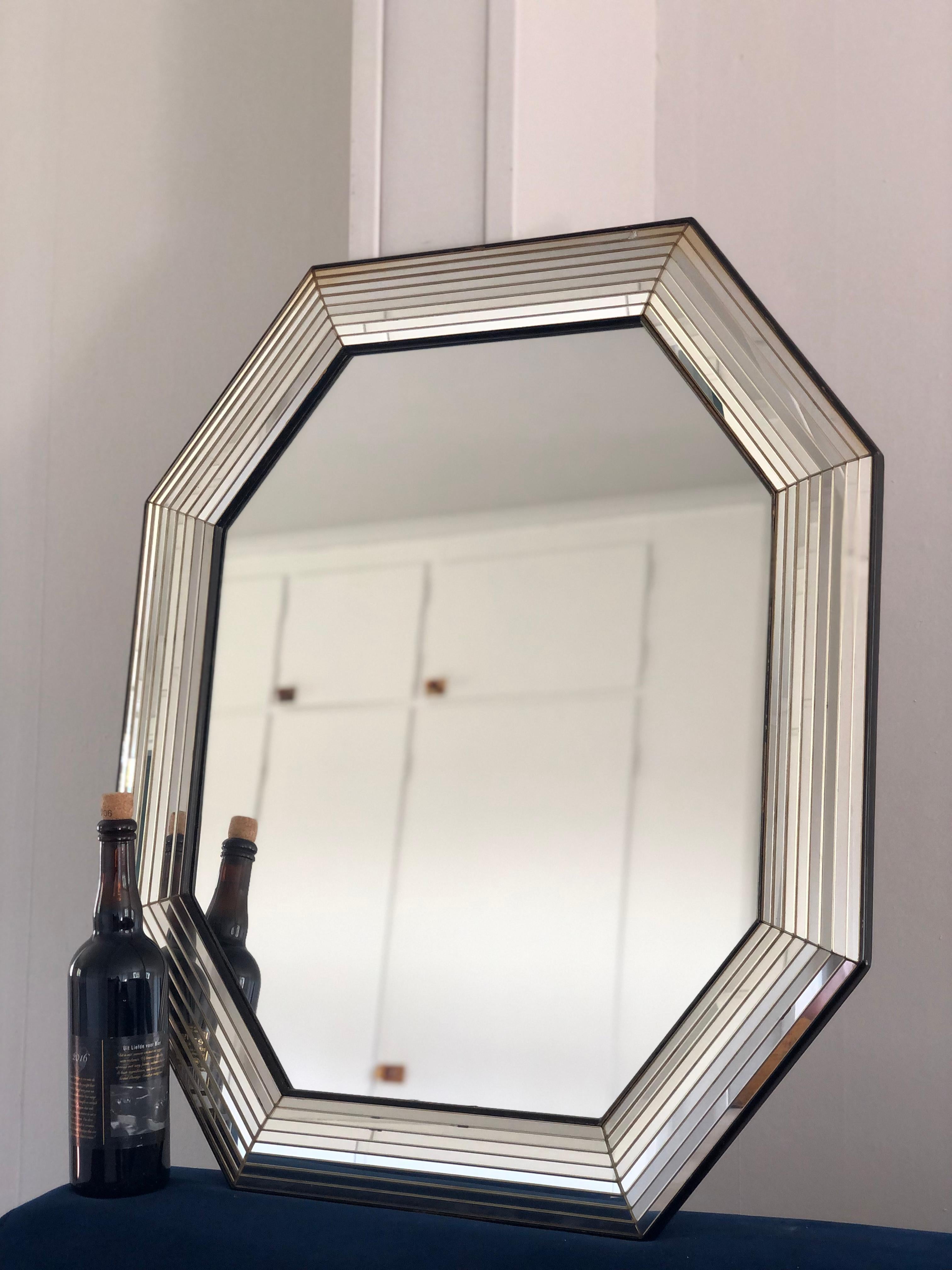 Belgian Vintage Deknudt Octagon Mirror Hollywood Regency in Silver and Black 1980s For Sale