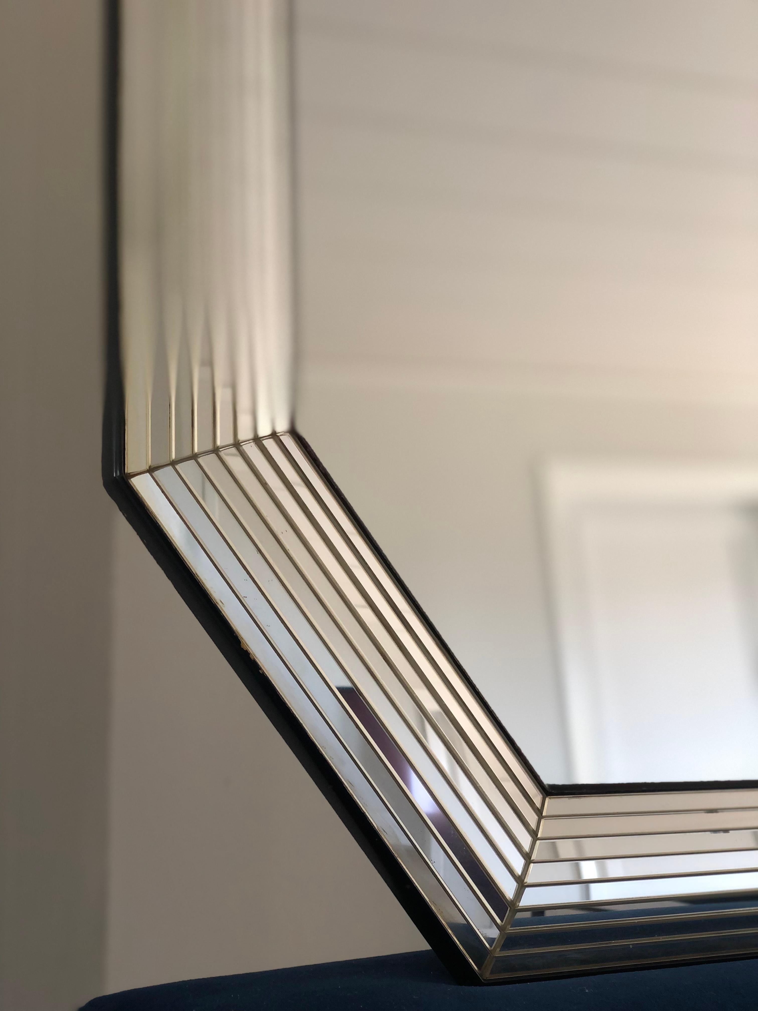 Faceted Vintage Deknudt Octagon Mirror Hollywood Regency in Silver and Black 1980s For Sale