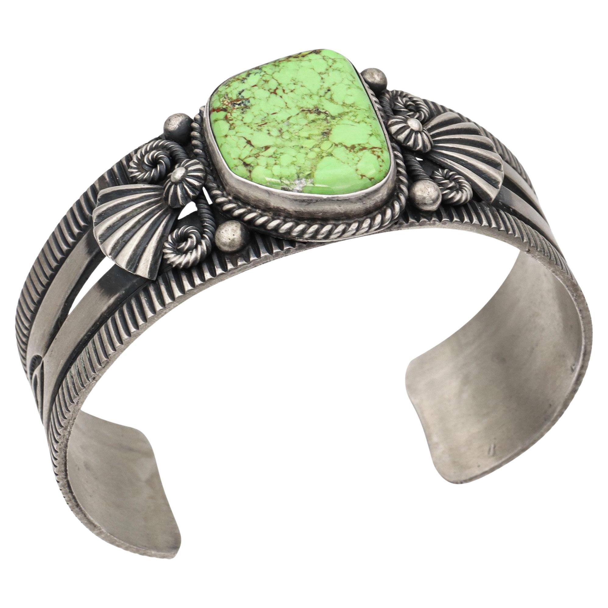 Vintage Delbert Gordon Navajo Sterling Silver Gaspeite Cuff Bracelet