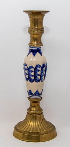 Vintage Delft Blue and White Ceramic and Brass Candlestick 1950