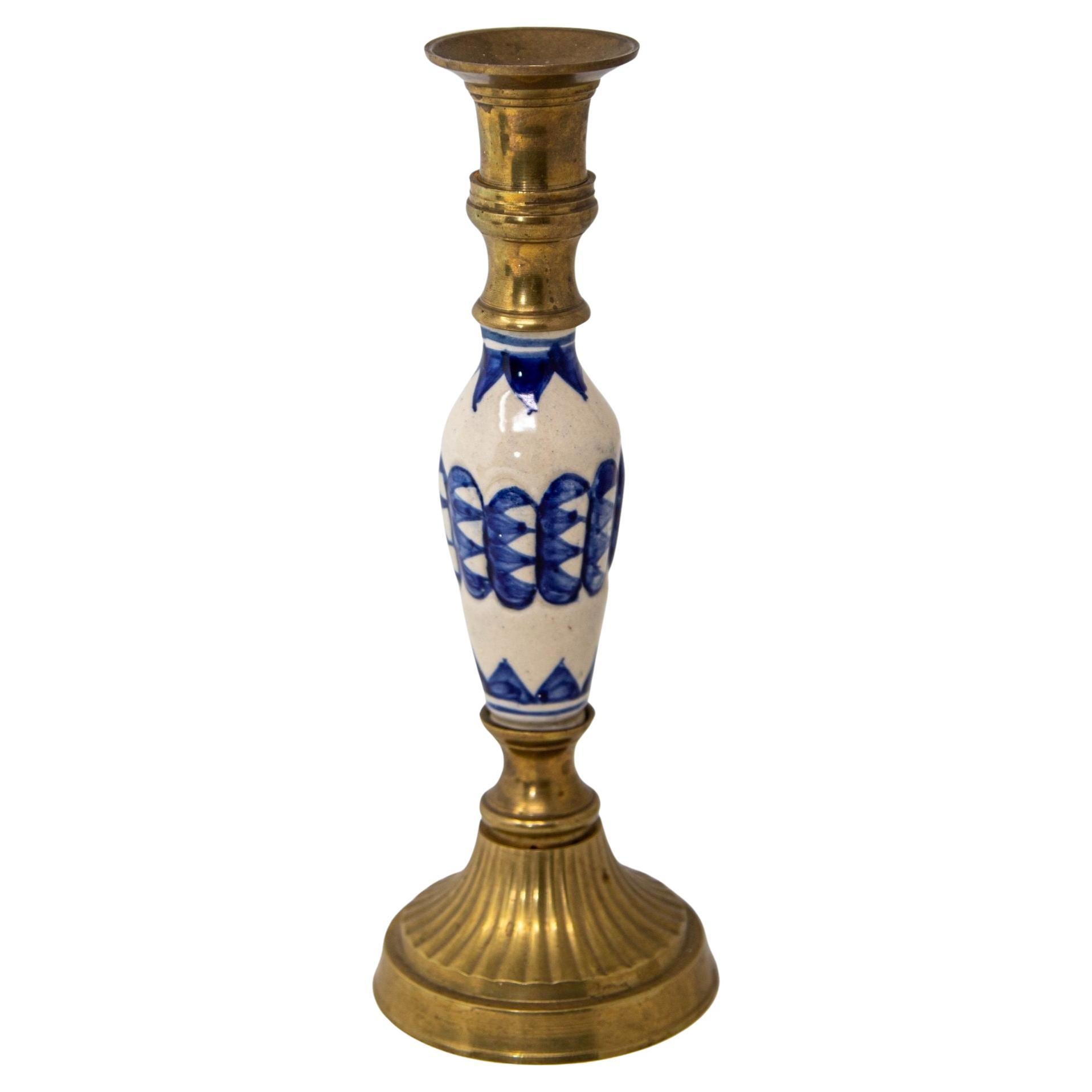 Vintage Delft Blue and White Ceramic and Brass Candlestick 1950