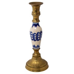 Chandelier vintage de Delft en céramique bleue et blanche et laiton 1950