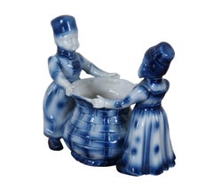 Vintage Delft Blue & White Dutch Boy & Girl with Basket Vase 6.5"