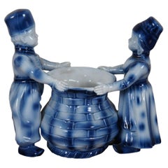 Vintage Delft Blue & White Dutch Boy & Girl with Basket Vase 6.5"