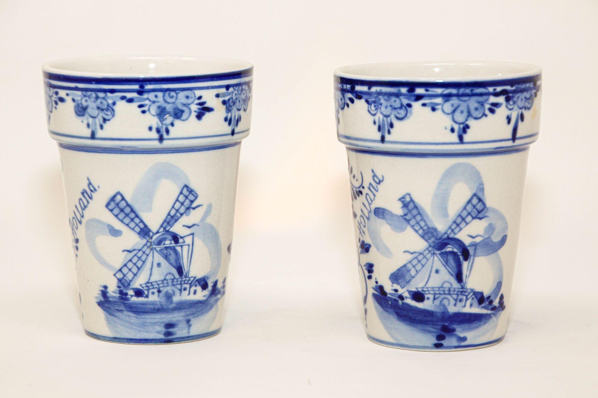 Hand painted vintage flower pot Delft plant pot from Holland.
Two vintage Delft blue and white ceramic flower small pots great to use with cactus or just as a decorative vases.
Hand painted ceramic pot is decorated with a windmill and beautiful,
