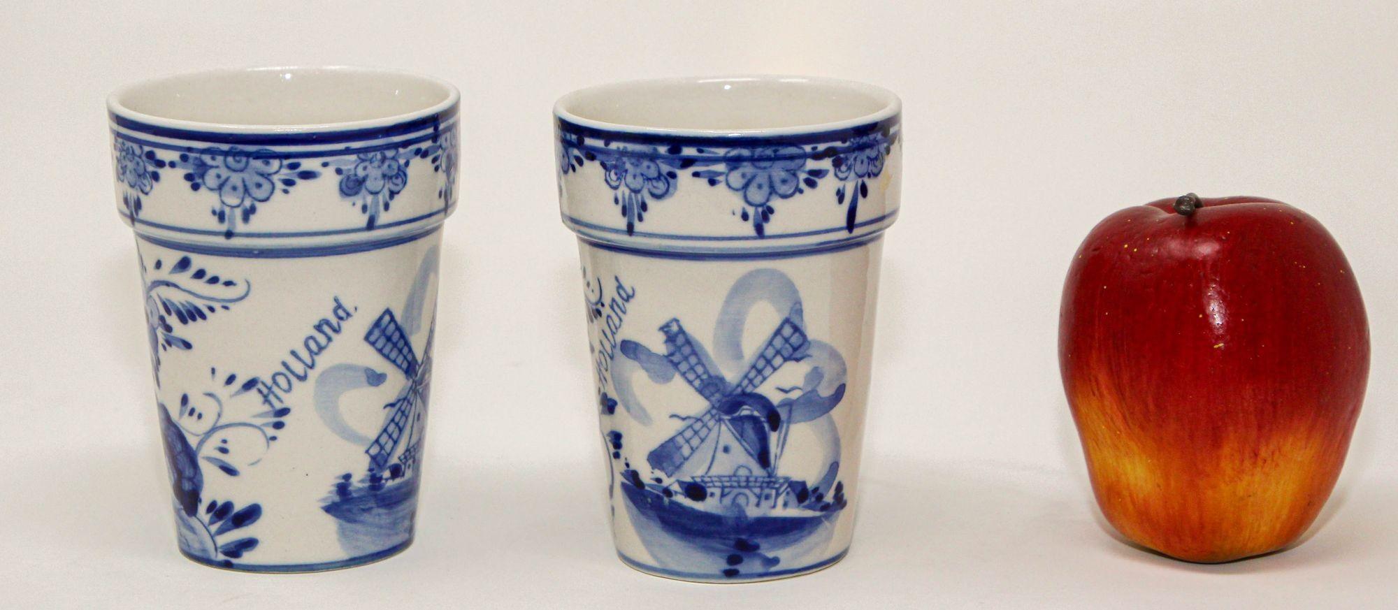 Dutch Vintage Delft Ceramic Hand Painted Blue Flower Pots Holland Delftware