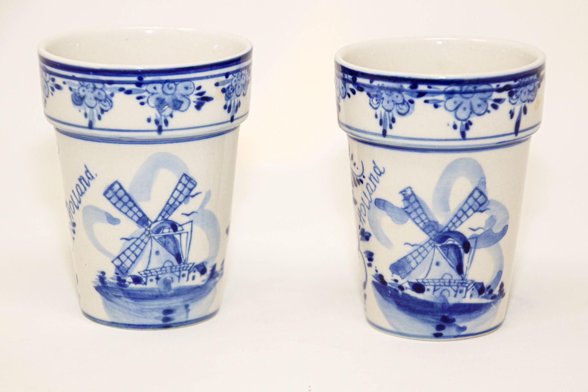 Hand-Crafted Vintage Delft Ceramic Hand Painted Blue Flower Pots Holland Delftware