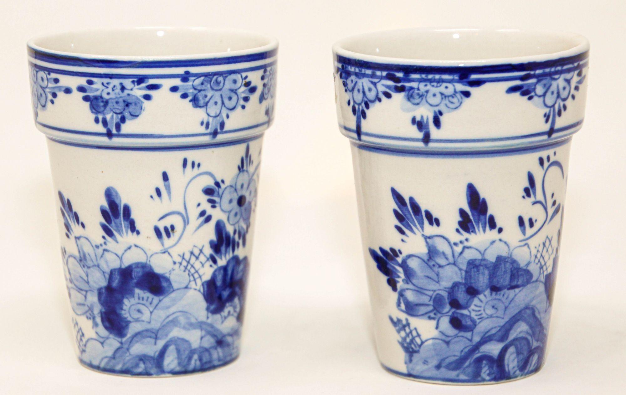 Vintage Delft Ceramic Hand Painted Blue Flower Pots Holland Delftware 2