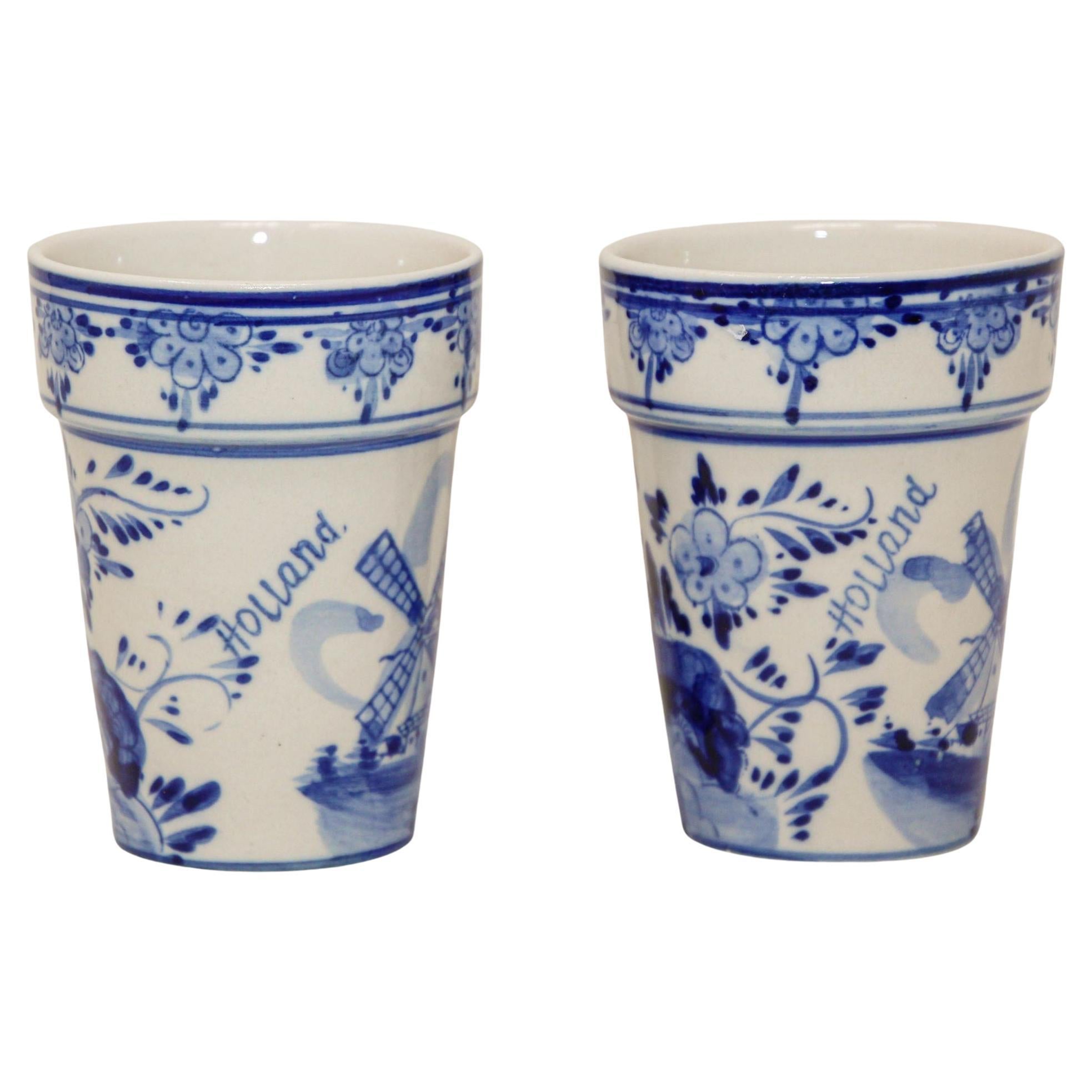 Vintage Delft Ceramic Hand Painted Blue Flower Pots Holland Delftware