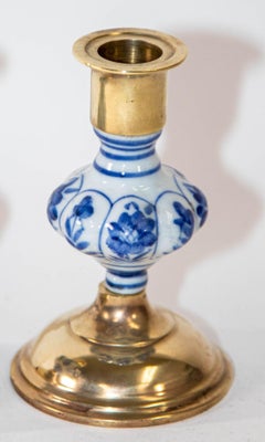Vintage Delft Floral Blue and White Ceramic and Brass Candlesticks, a Pair 1950s