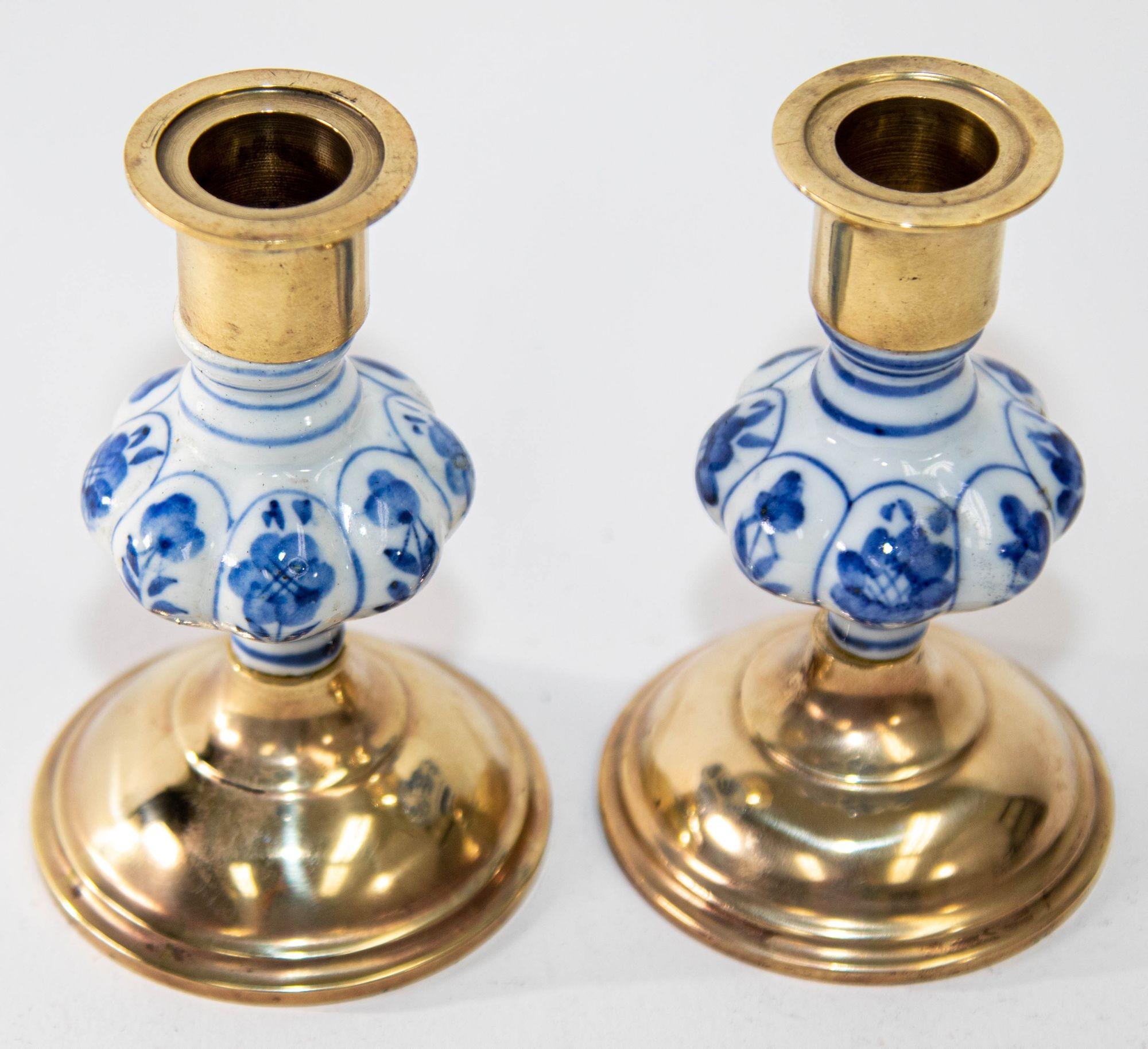 Hand-Crafted Vintage Delft Floral Blue and White Ceramic and Brass Candlesticks, a Pair 1950s For Sale