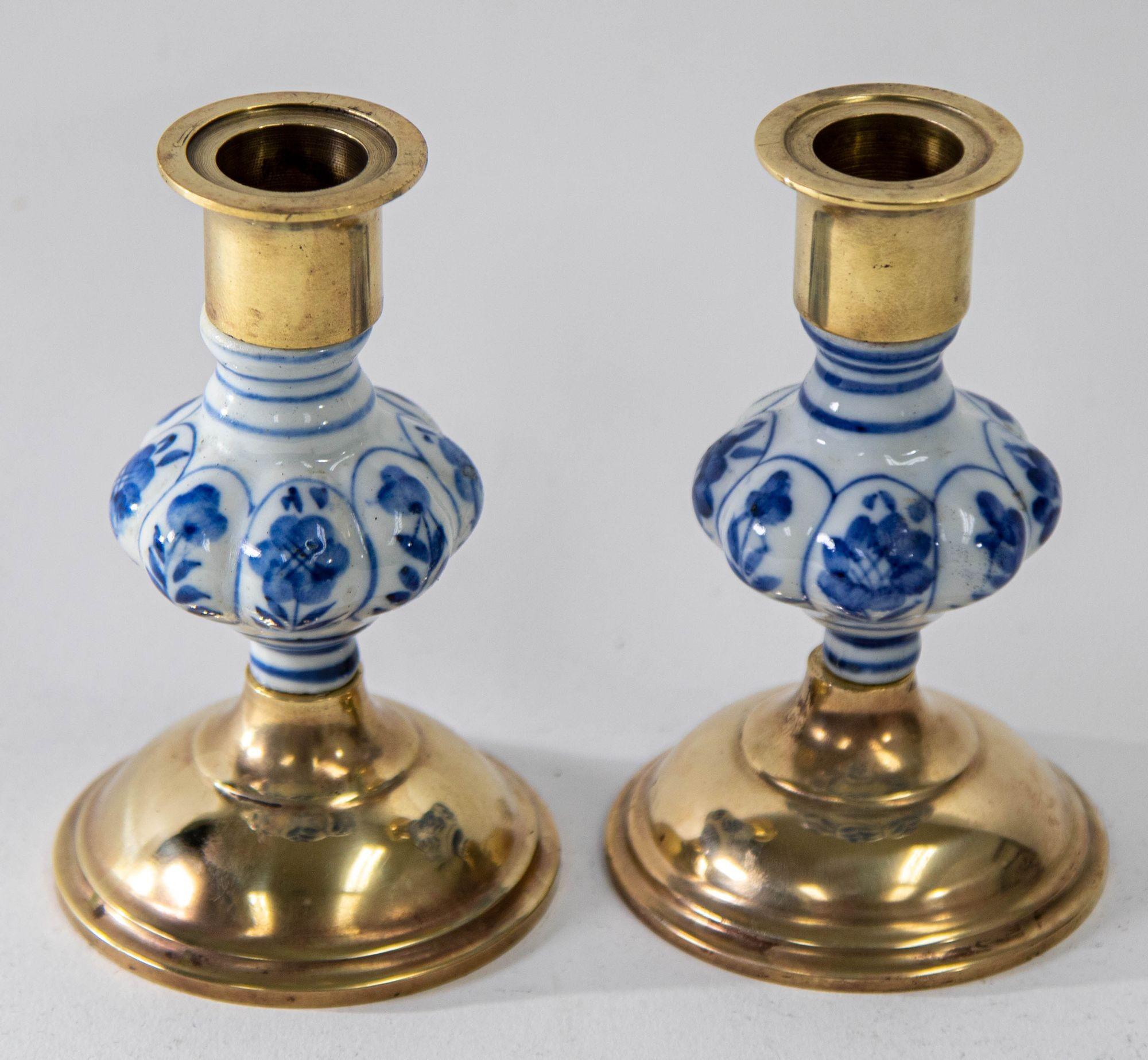 20th Century Vintage Delft Floral Blue and White Ceramic and Brass Candlesticks, a Pair 1950s For Sale