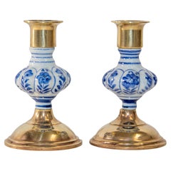 Retro Delft Floral Blue and White Ceramic and Brass Candlesticks, a Pair 1950s