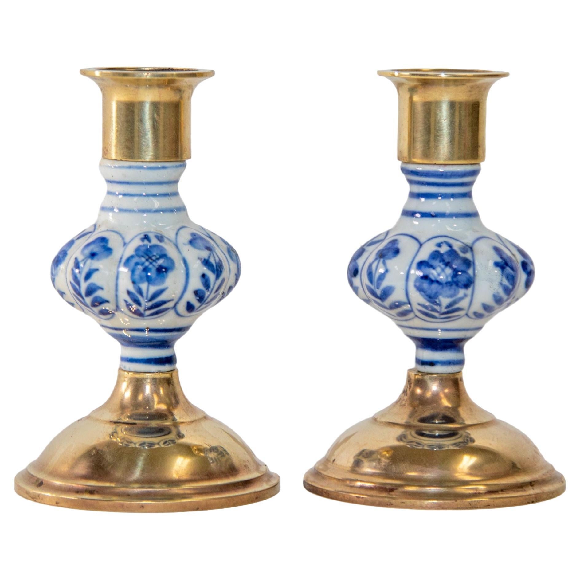 Vintage Delft Floral Blue and White Ceramic and Brass Candlesticks, a Pair 1950s For Sale