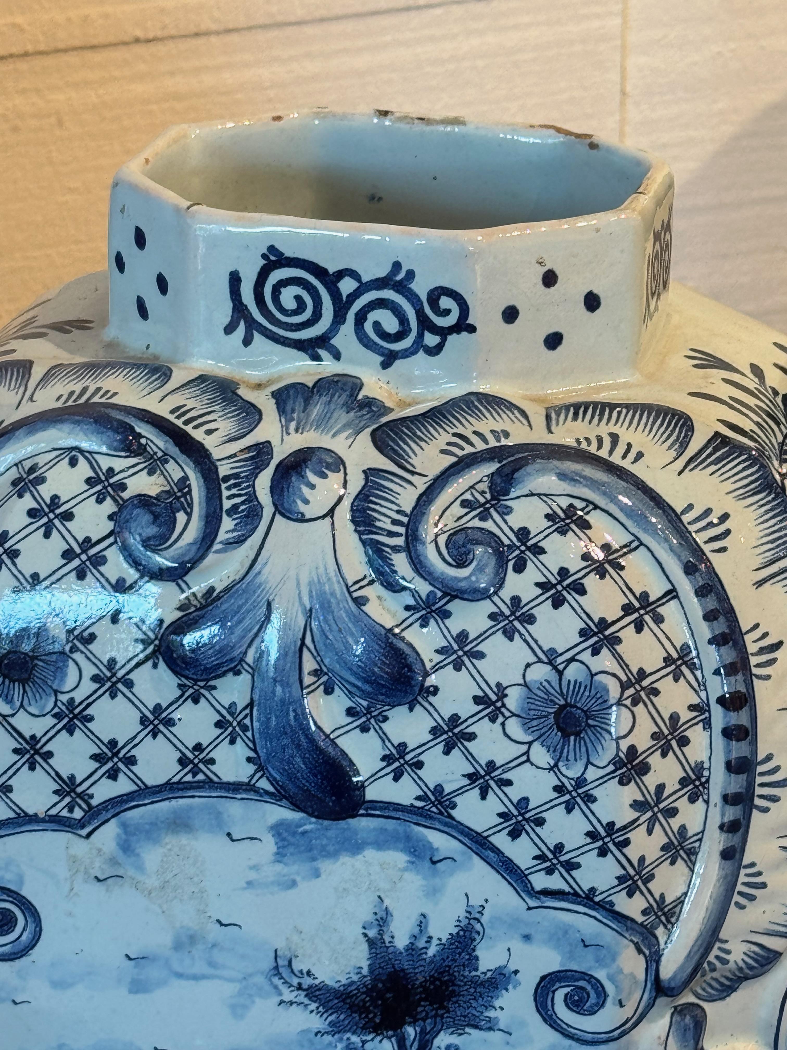 Vintage Delft Urn With Figural Scene and Bird Finial For Sale 1