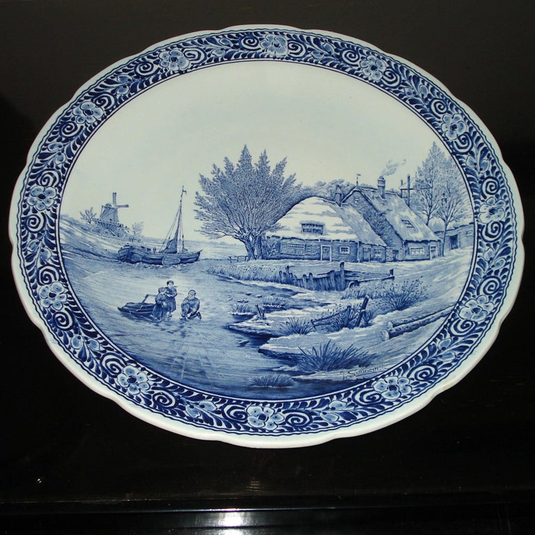 Vintage Delfts Blue and White Landscape Large Decorative Ceramic Plate