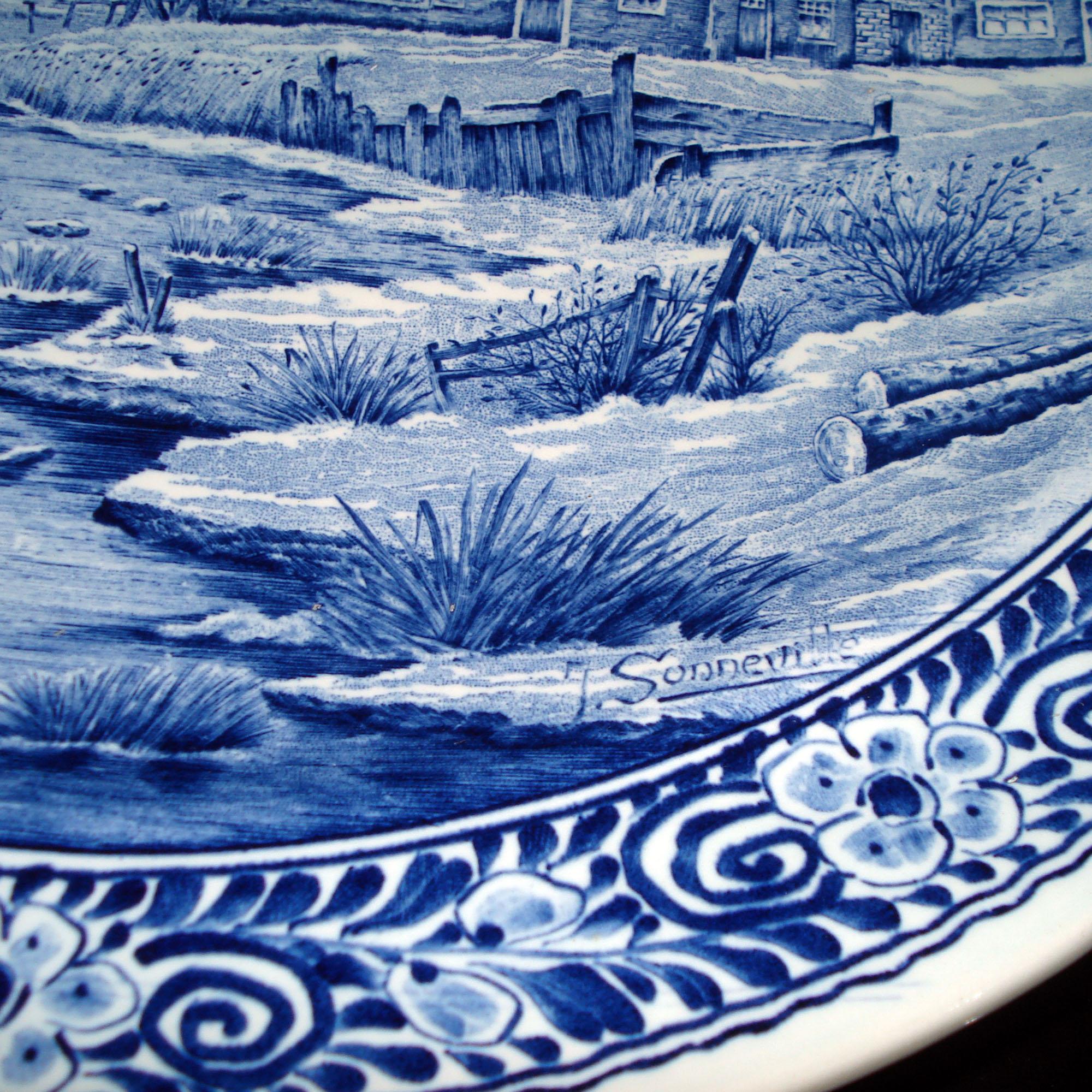 European Vintage Delfts Blue and White Landscape Large Decorative Ceramic Plate