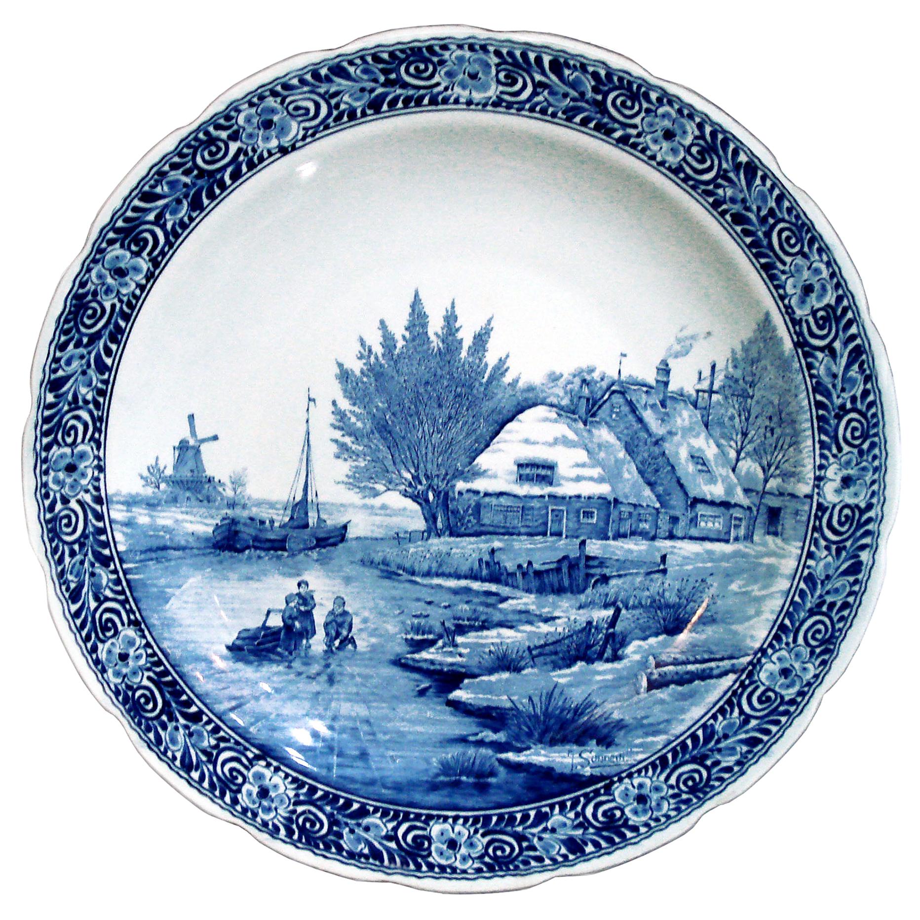 Vintage Delfts Blue and White Landscape Large Decorative Ceramic Plate
