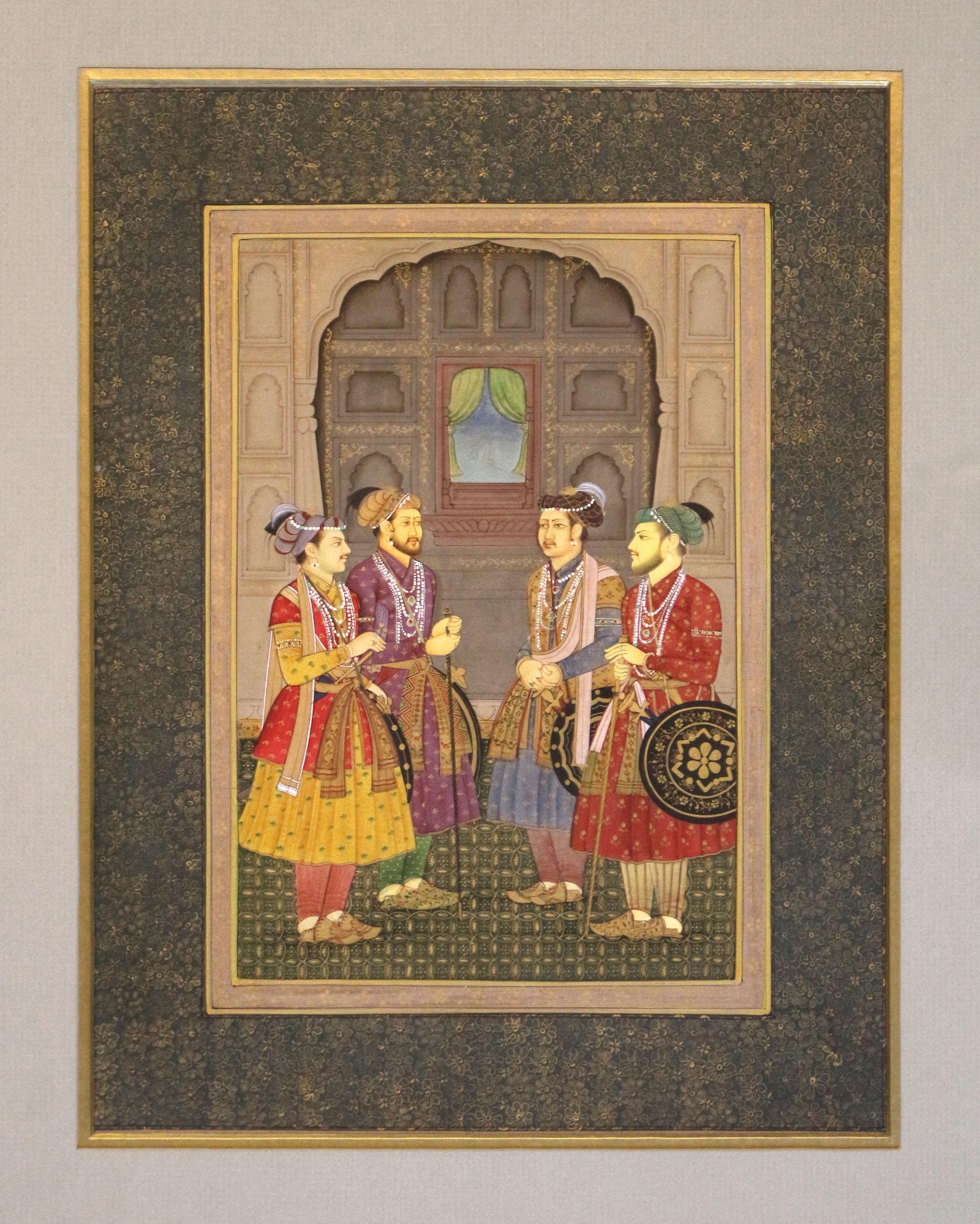 Vintage watercolor of Indian Gentlemen, Delhi, India. The gentlemen gathered before an archway, all with shields & swords. Acquired from a Delhi art gallery in 2006 by a NY & NC collector. Elegantly framed in NYC.
Framed: 22