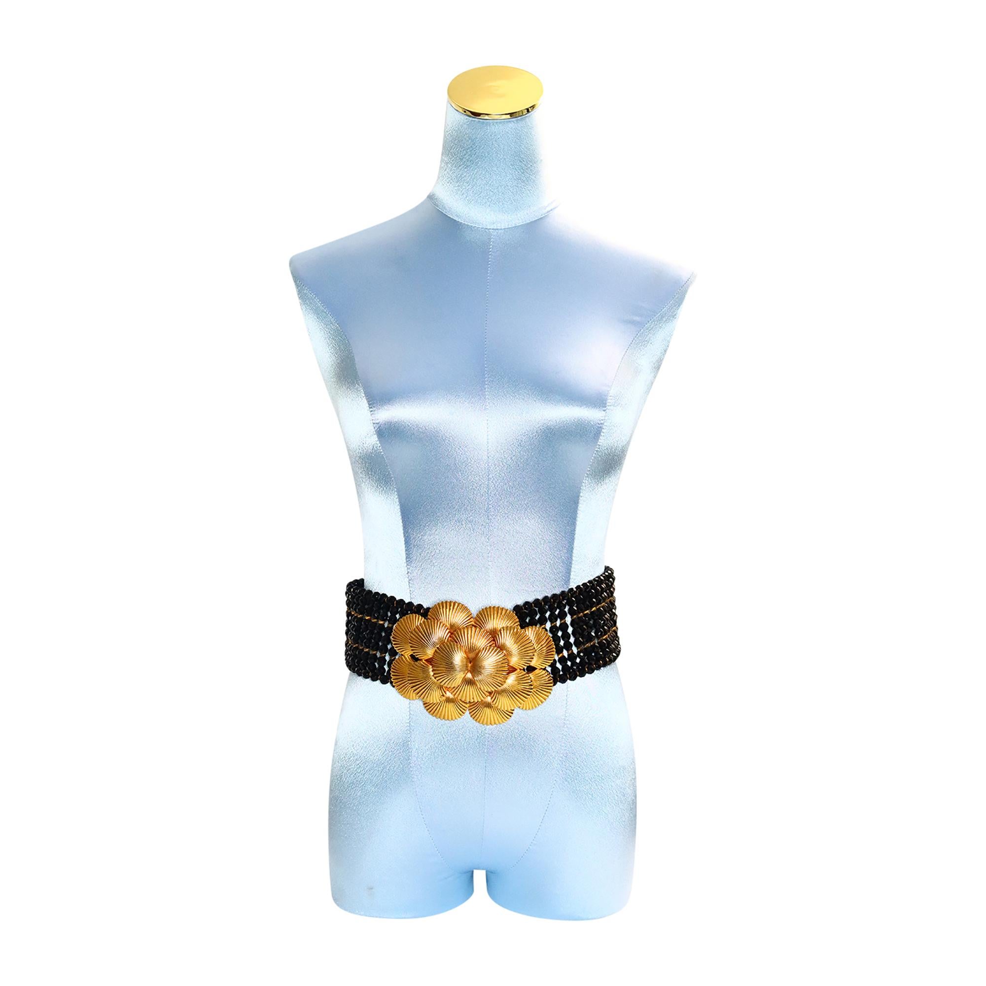 Artist Vintage deLillo Black Beaded Belt with Gold Layered Buckle Circa 1970s For Sale