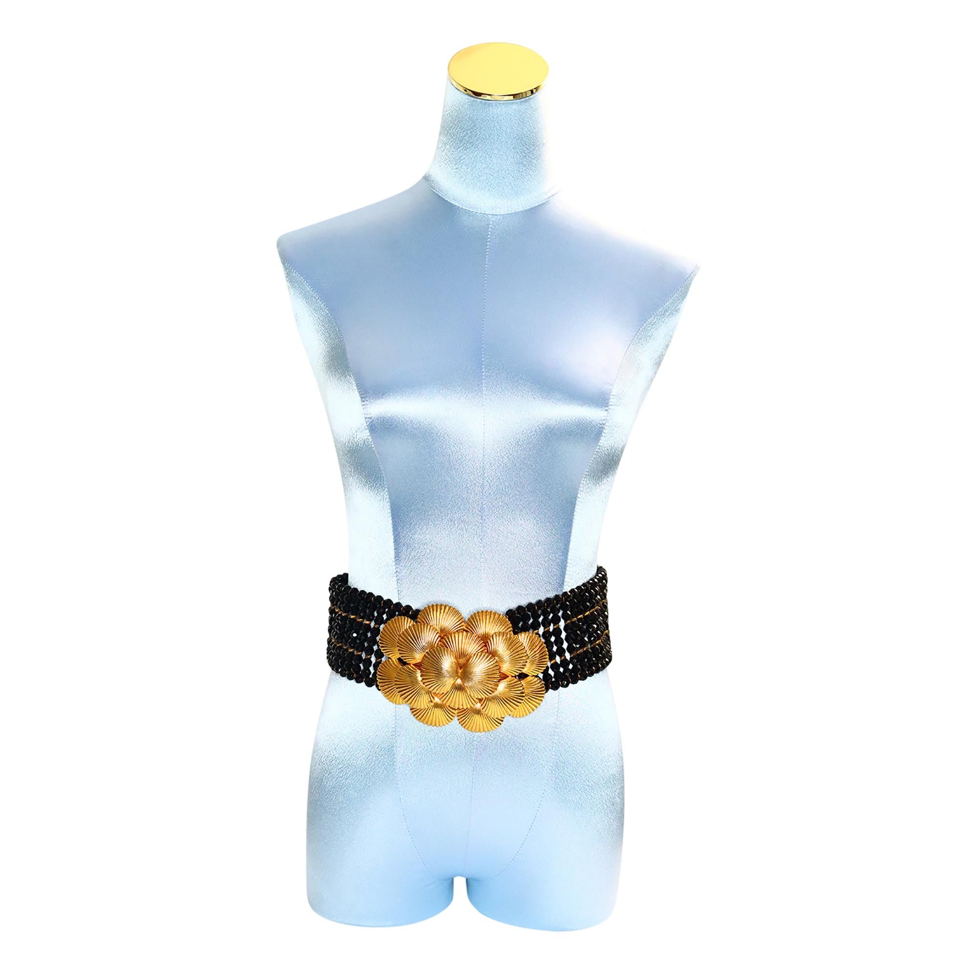 Vintage deLillo Black Beaded Belt with Gold Layered Buckle Circa 1970s In Good Condition For Sale In New York, NY