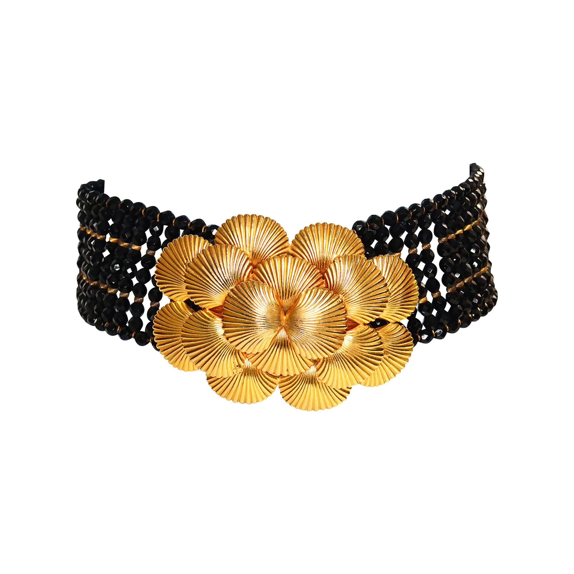 Women's or Men's Vintage deLillo Black Beaded Belt with Gold Layered Buckle Circa 1970s For Sale