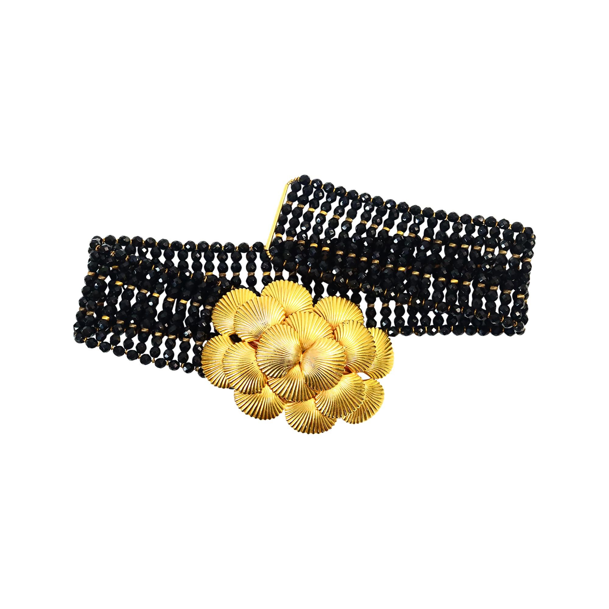 Vintage deLillo Black Beaded Belt with Gold Layered Buckle Circa 1970s For Sale 1