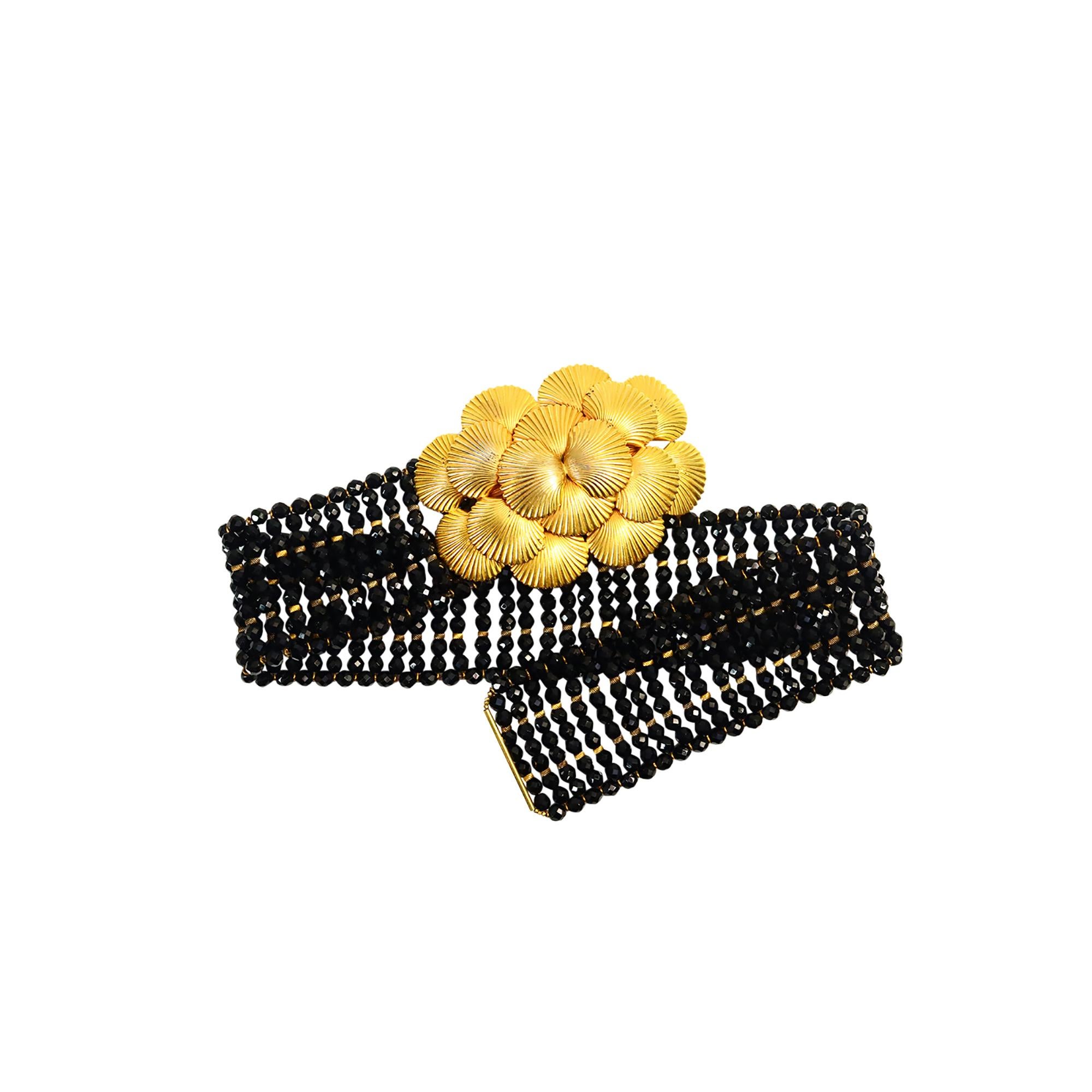 Vintage deLillo Black Beaded Belt with Gold Layered Buckle Circa 1970s For Sale 2