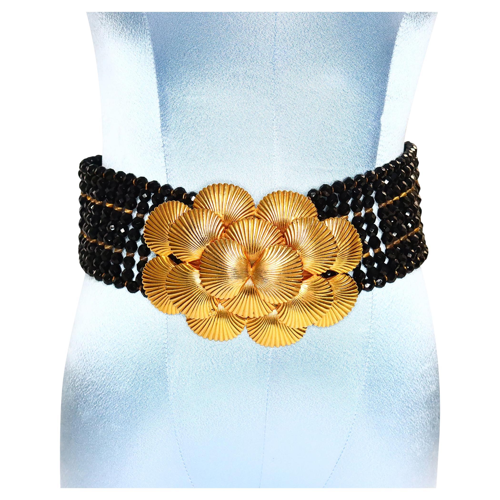 Vintage deLillo Black Beaded Belt with Gold Layered Buckle Circa 1970s For Sale