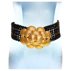Vintage deLillo Black Beaded Belt with Gold Layered Buckle Circa 1970s