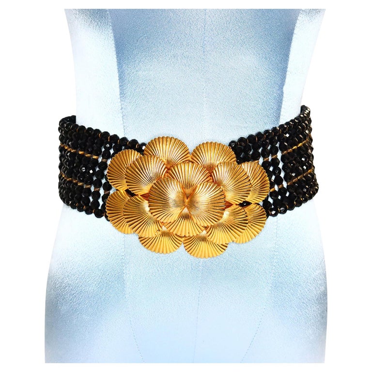 Vintage deLillo Black Beaded Belt with Gold Layered Buckle  display picture 1