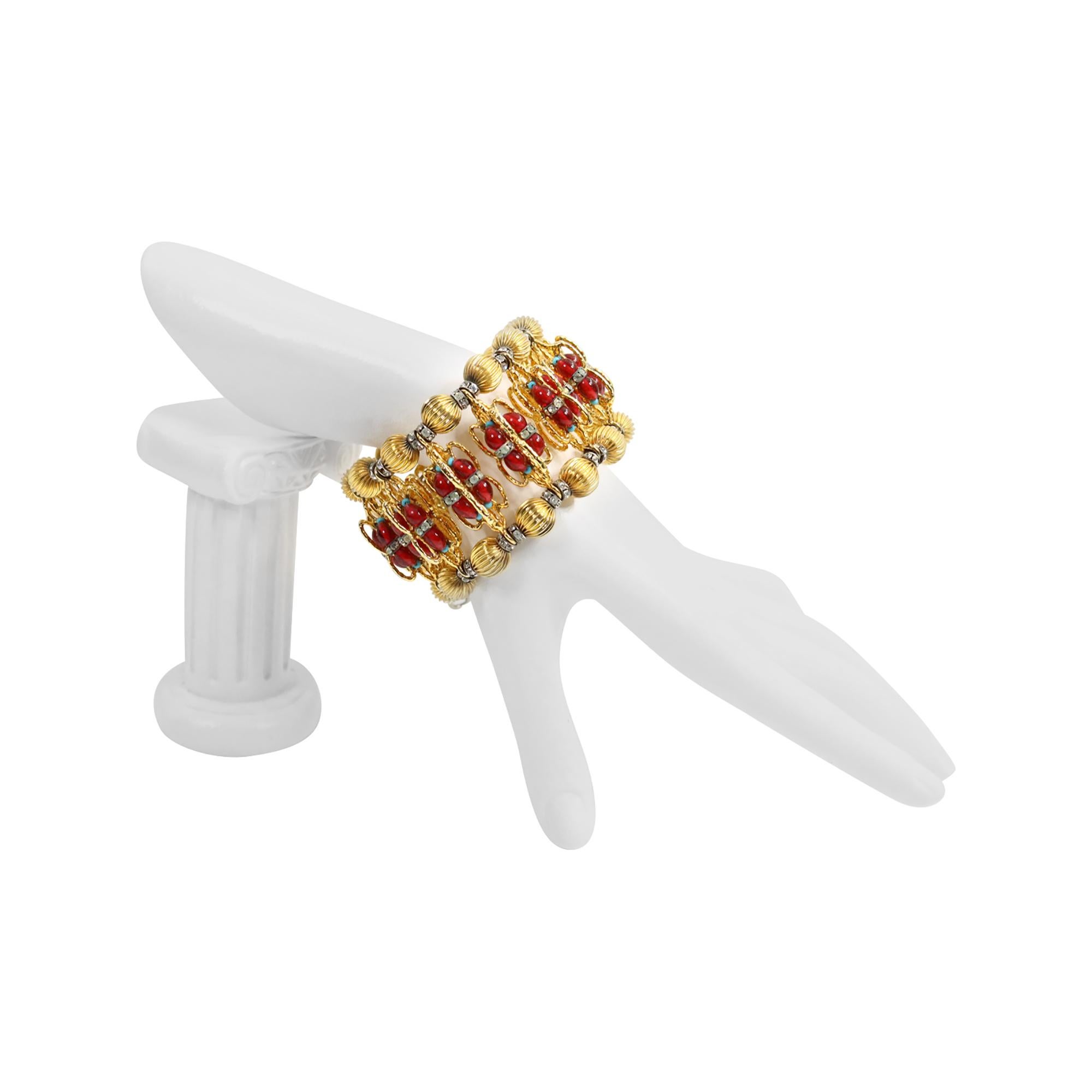 da uomo o donna Bracciale vintage Delillo con cristalli rossi e finto turchese, circa anni '70 in vendita