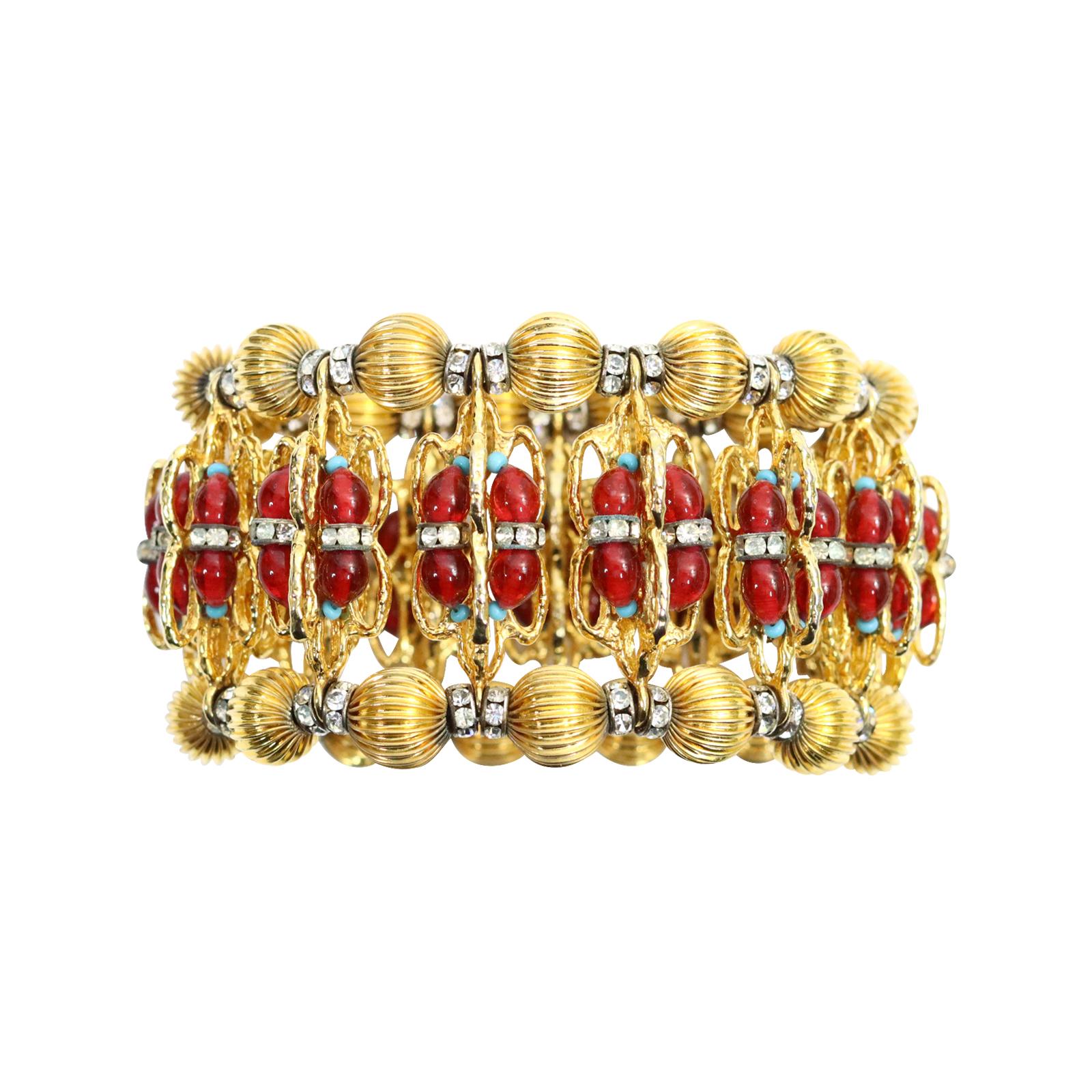 Vintage Delillo Armband mit roten Cabochons Kristalle Faux Türkis circa 1970s im Angebot 1