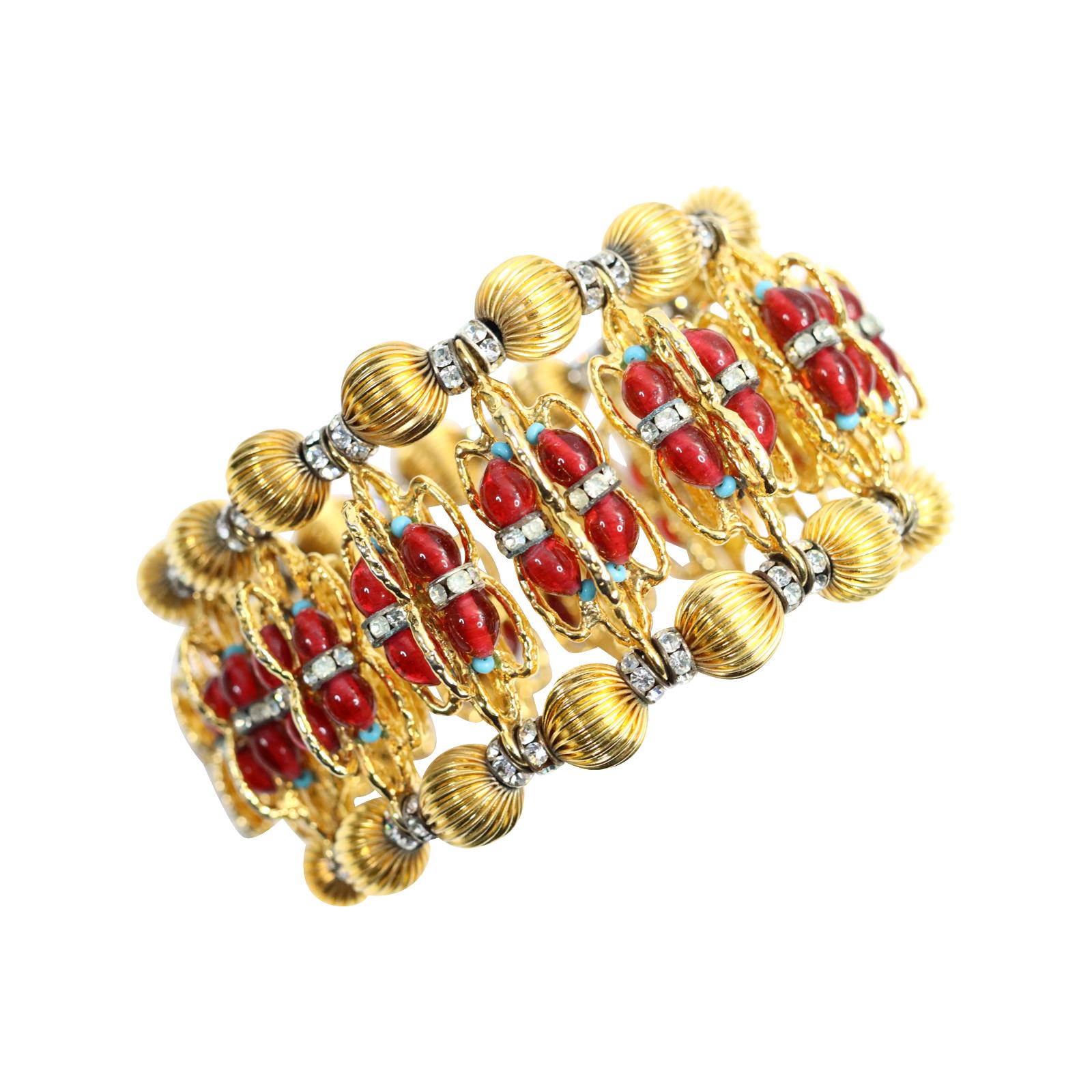 Vintage Delillo Bracelet with Red Cabochons Crystals Faux Turquoise circa 1970s For Sale 3