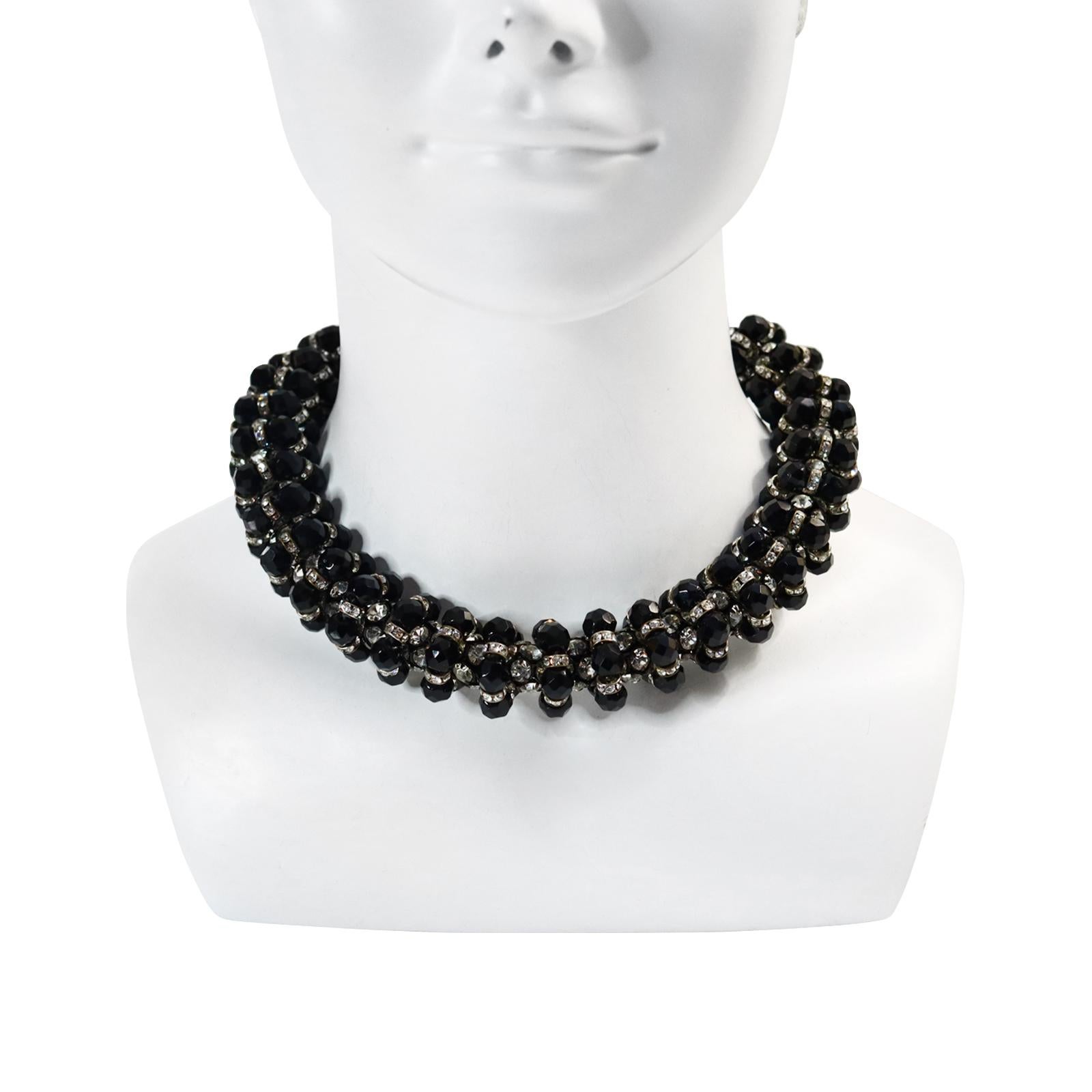 Moderne Vintage deLillo Diamante and Black Beaded Choker Necklace Circa 1970s (Collier ras du cou en diamants et perles noires) en vente