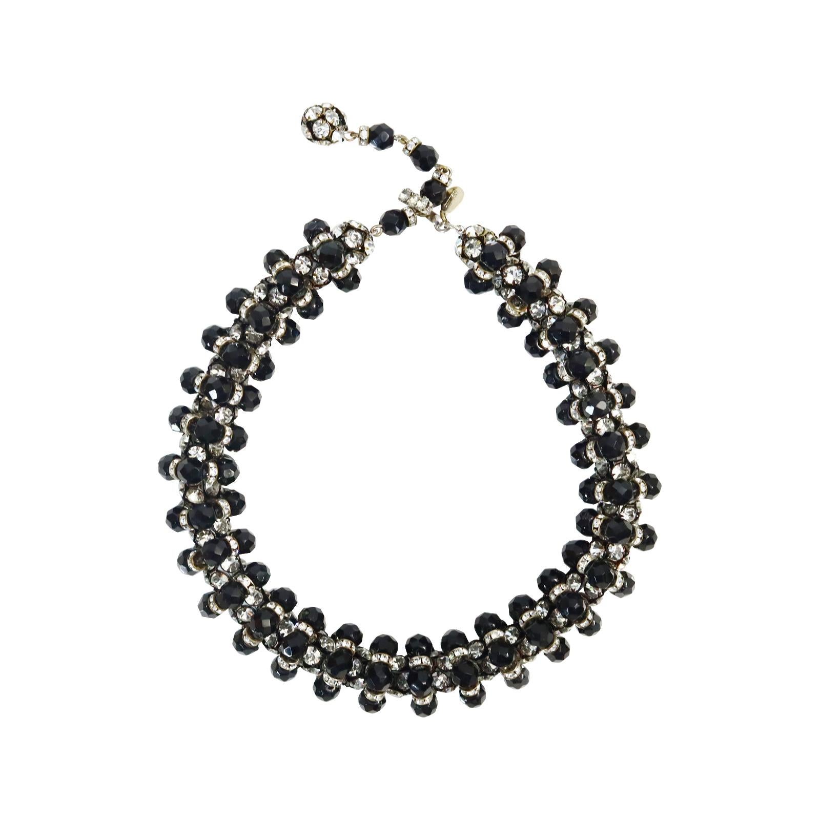 Artist Vintage deLillo Diamante and Black Beaded Choker Necklace Circa 1970s For Sale